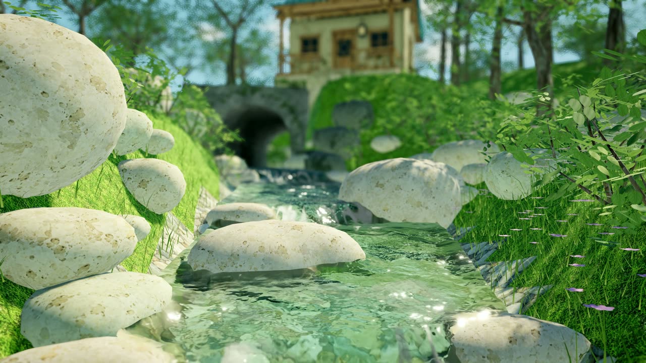Cozy Creek: a real-time woodland world with a cottage and flowing water